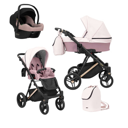 Kunert Lazzio Stroller Color: Lazzio Pink Eco Leather Frame Color: Rose Golden Frame Combo: 3 IN 1 (Includes Car Seat) KIDZNBABY