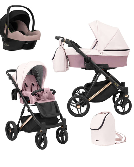 Kunert Lazzio Stroller Color: Lazzio Pink Eco Leather Frame Color: Rose Golden Frame Combo: 3 IN 1 (Includes Car Seat) KIDZNBABY