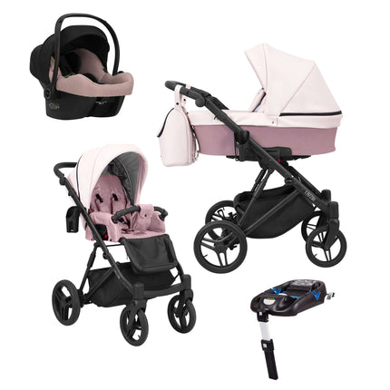 Kunert Lazzio Stroller Color: Lazzio Pink Eco Leather Frame Color: Black Frame Combo: 4 IN 1 (Includes Car Seat + ISOFIX Base) KIDZNBABY