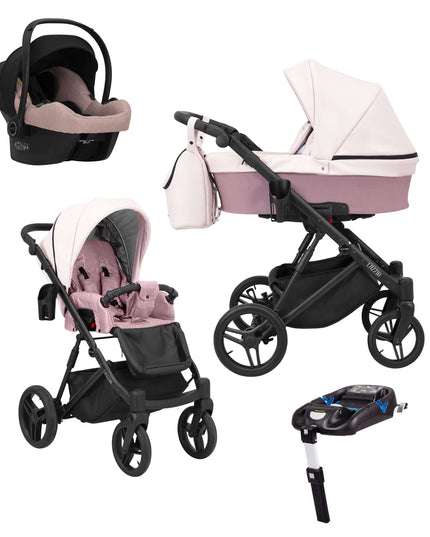 Kunert Lazzio Stroller Color: Lazzio Pink Eco Leather Frame Color: Black Frame Combo: 4 IN 1 (Includes Car Seat + ISOFIX Base) KIDZNBABY