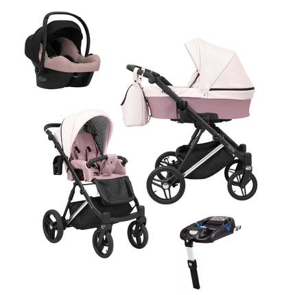Kunert Lazzio Stroller Color: Lazzio Pink Eco Leather Frame Color: Silver Frame Combo: 4 IN 1 (Includes Car Seat + ISOFIX Base) KIDZNBABY