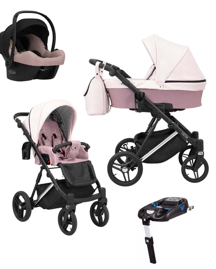 Kunert Lazzio Stroller Color: Lazzio Pink Eco Leather Frame Color: Silver Frame Combo: 4 IN 1 (Includes Car Seat + ISOFIX Base) KIDZNBABY