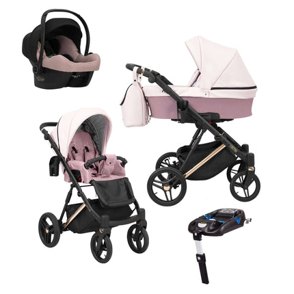 Kunert Lazzio Stroller Color: Lazzio Pink Eco Leather Frame Color: Rose Golden Frame Combo: 4 IN 1 (Includes Car Seat + ISOFIX Base) KIDZNBABY
