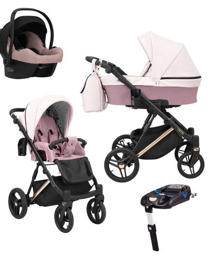 Kunert Lazzio Stroller Color: Lazzio Pink Eco Leather Frame Color: Rose Golden Frame Combo: 4 IN 1 (Includes Car Seat + ISOFIX Base) KIDZNBABY