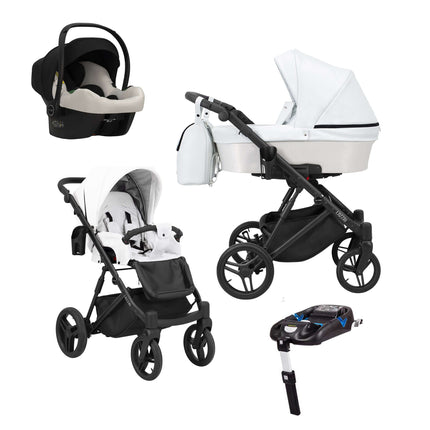 Kunert Lazzio Stroller Color: Lazzio White Eco Leather Frame Color: Black Frame Combo: 4 IN 1 (Includes Car Seat + ISOFIX Base) KIDZNBABY