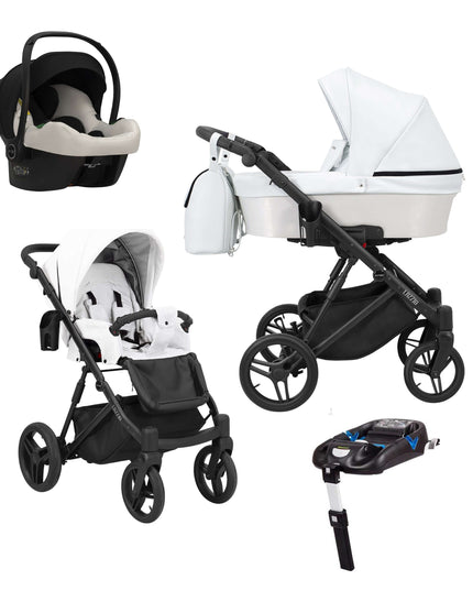 Kunert Lazzio Stroller Color: Lazzio White Eco Leather Frame Color: Black Frame Combo: 4 IN 1 (Includes Car Seat + ISOFIX Base) KIDZNBABY