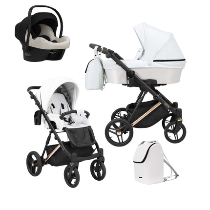 Kunert Lazzio Stroller Color: Lazzio White Eco Leather Frame Color: Rose Golden Frame Combo: 3 IN 1 (Includes Car Seat) KIDZNBABY