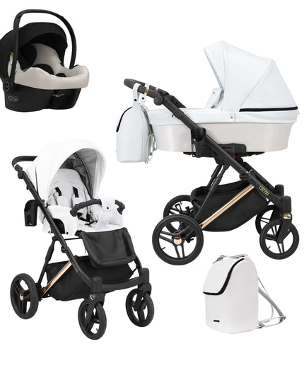 Kunert Lazzio Stroller Color: Lazzio White Eco Leather Frame Color: Rose Golden Frame Combo: 3 IN 1 (Includes Car Seat) KIDZNBABY