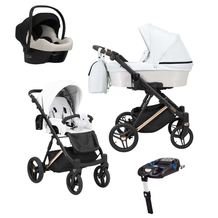 Kunert Lazzio Stroller Color: Lazzio White Eco Leather Frame Color: Rose Golden Frame Combo: 4 IN 1 (Includes Car Seat + ISOFIX Base) KIDZNBABY