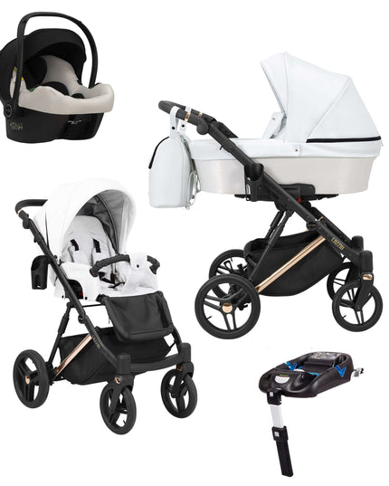 Kunert Lazzio Stroller Color: Lazzio White Eco Leather Frame Color: Rose Golden Frame Combo: 4 IN 1 (Includes Car Seat + ISOFIX Base) KIDZNBABY