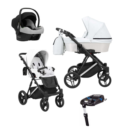 Kunert Lazzio Stroller Color: Lazzio White Eco Leather Frame Color: Silver Frame Combo: 4 IN 1 (Includes Car Seat + ISOFIX Base) KIDZNBABY