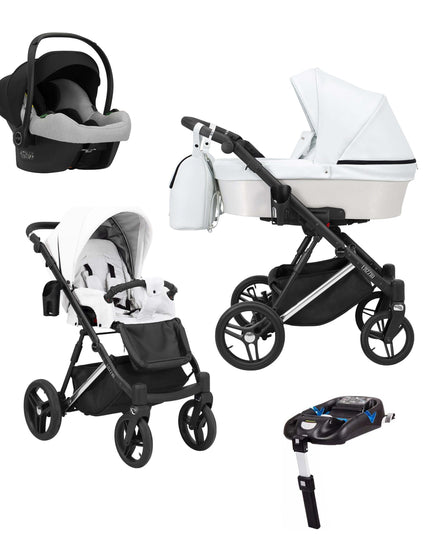 Kunert Lazzio Stroller Color: Lazzio White Eco Leather Frame Color: Silver Frame Combo: 4 IN 1 (Includes Car Seat + ISOFIX Base) KIDZNBABY