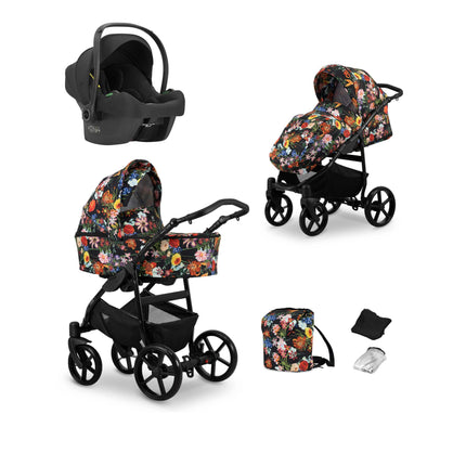 Kunert Mata Stroller Color: Mata Flowers Frame Color: Black Frame Combo: 3 IN 1 (Includes Car Seat) KIDZNBABY