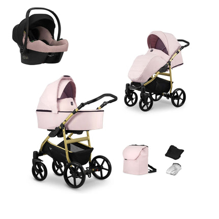 Kunert Mata Stroller Color: Mata Pink Frame Color: Golden Frame Combo: 3 IN 1 (Includes Car Seat) KIDZNBABY