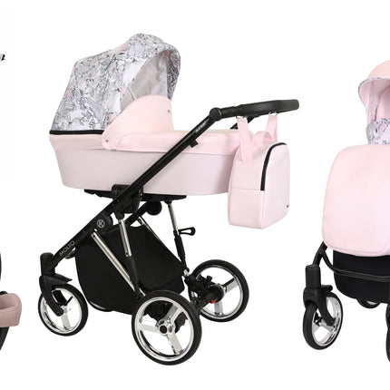 Kunert Molto Stroller Color: Molto Pink + Flowers Frame Color: Silver Frame Combo: 4 IN 1 (Includes Car Seat + ISOFIX Base) KIDZNBABY