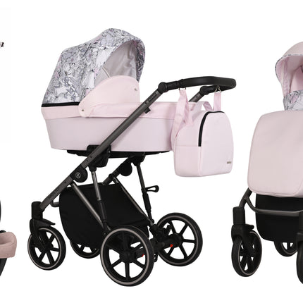 Kunert Molto Stroller Color: Molto Pink + Flowers Frame Color: Graphite Frame Combo: 4 IN 1 (Includes Car Seat + ISOFIX Base) KIDZNBABY