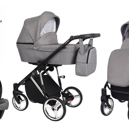 Kunert Molto Stroller Color: Molto Graphite Jeans Frame Color: Silver Frame Combo: 4 IN 1 (Includes Car Seat + ISOFIX Base) KIDZNBABY