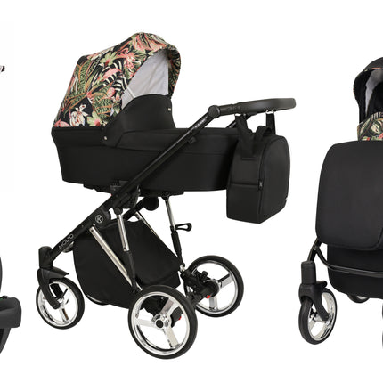 Kunert Molto Stroller Color: Molto Black + Flowers Frame Color: Silver Frame Combo: 4 IN 1 (Includes Car Seat + ISOFIX Base) KIDZNBABY