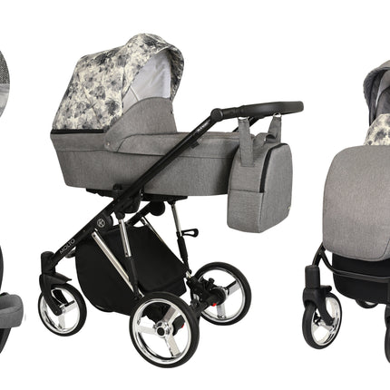 Kunert Molto Stroller Color: Molto Graphite Jeans + Flowers Frame Color: Silver Frame Combo: 3 IN 1 (Includes Car Seat) KIDZNBABY
