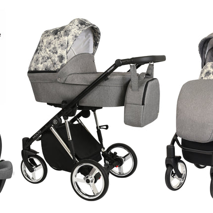Kunert Molto Stroller Color: Molto Graphite Jeans + Flowers Frame Color: Silver Frame Combo: 4 IN 1 (Includes Car Seat + ISOFIX Base) KIDZNBABY