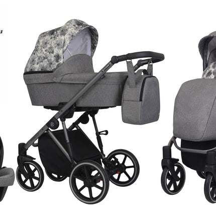 Kunert Molto Stroller Color: Molto Graphite Jeans + Flowers Frame Color: Graphite Frame Combo: 4 IN 1 (Includes Car Seat + ISOFIX Base) KIDZNBABY