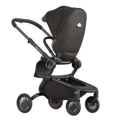 MIMA Creo Stroller in black, rear view with zipped canopy, highlighting sleek and compact design.