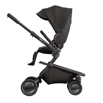 MIMA Creo Stroller in black, side view with zipped canopy, focusing on stylish and functional features.