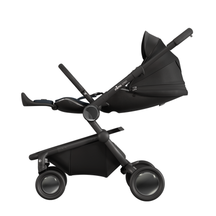 MIMA Creo Stroller in black, reclined position, side view, showcasing adjustable seating for maximum comfort.