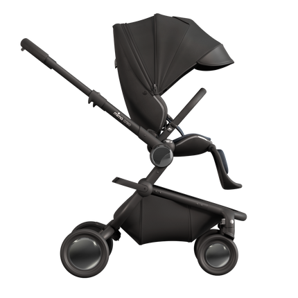 MIMA Creo Stroller in black with unzipped canopy, side view, demonstrating customizable sun protection.