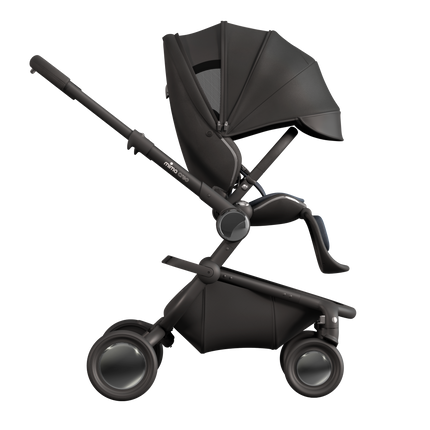 MIMA Creo Stroller in black, unzipped canopy, side view, highlighting innovative design and functionality.