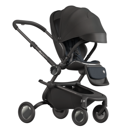 MIMA Creo Stroller in black, unzipped canopy, perspective view, emphasizing modern aesthetics and comfort.