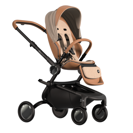 MIMA Creo Stroller in mocha, perspective view with folded canopy, focusing on compact and sleek design.