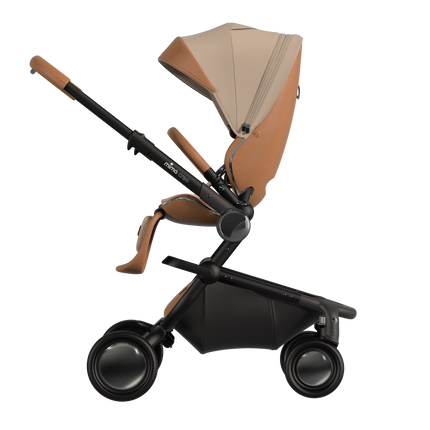 MIMA Creo Stroller in mocha, side view with zipped canopy, focusing on sleek and elegant design.