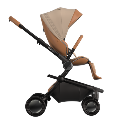 MIMA Creo Stroller in mocha, ready to fold position, side view, emphasizing convenience and portability.