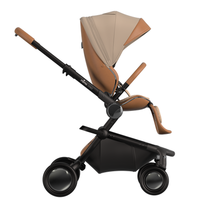 MIMA Creo Stroller in mocha, side view with zipped canopy, focusing on sleek and elegant design.