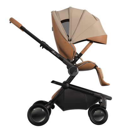 MIMA Creo Stroller in mocha, side view with unzipped canopy, demonstrating customizable sun protection.