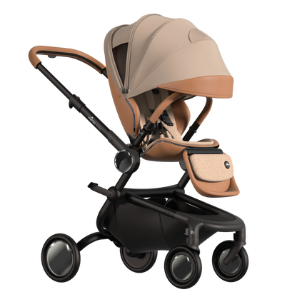 MIMA Creo Stroller in mocha, perspective view with unzipped canopy, highlighting modern aesthetics and functionality.