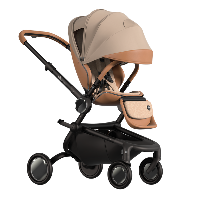 MIMA Creo Stroller in mocha, perspective view with unzipped canopy, highlighting modern aesthetics and functionality.