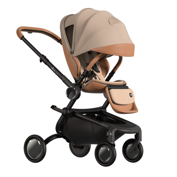 MIMA Creo Stroller in mocha, perspective view with unzipped canopy, highlighting modern aesthetics and functionality.