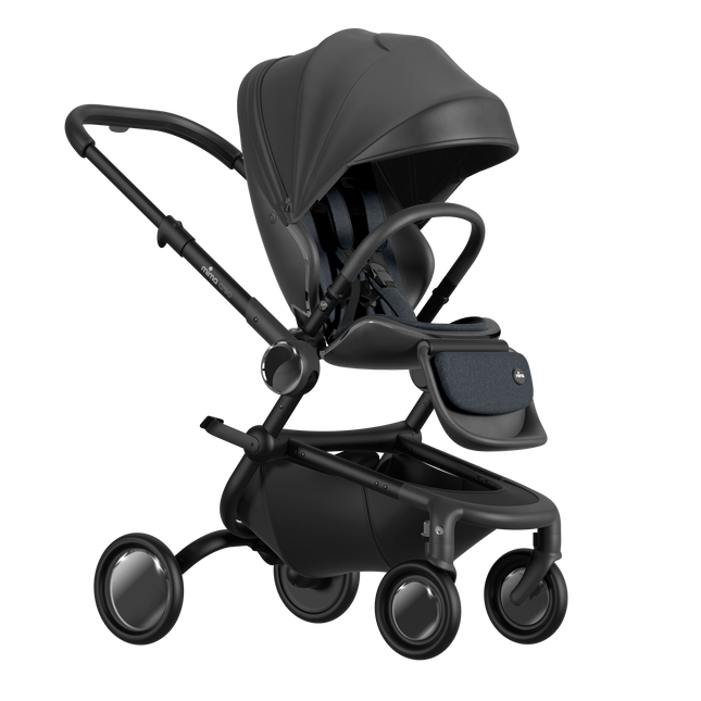 MIMA Creo Stroller in black with unzipped canopy, perspective view, showcasing sleek design and functionality.