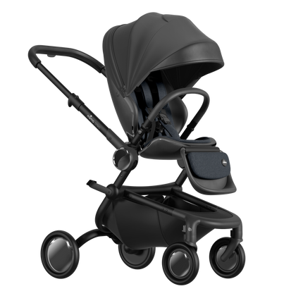 MIMA Creo Stroller in black with unzipped canopy, perspective view, showcasing sleek design and functionality.