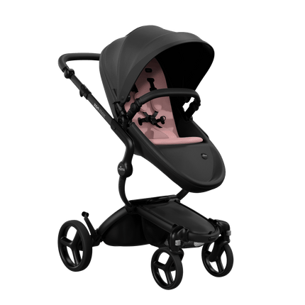 Mima XARI MAX stroller with a black seat and pink pad on a black chassis, featuring a sleek design.