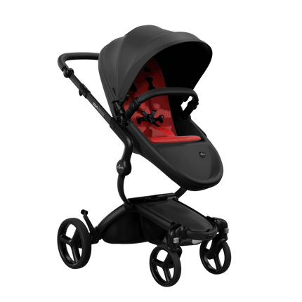 Mima XARI MAX stroller with a black seat and red pad on a black chassis, featuring a sleek design.