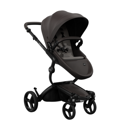 Mima XARI MAX stroller with a chocolate brown seat and ash brown pad on a black chassis, featuring a sleek design.