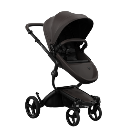 Mima XARI MAX stroller with a chocolate brown seat and black pad on a black chassis, featuring a sleek design.