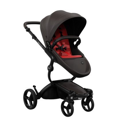 Mima XARI MAX stroller with a chocolate brown seat and red pad on a black chassis, featuring a sleek design.