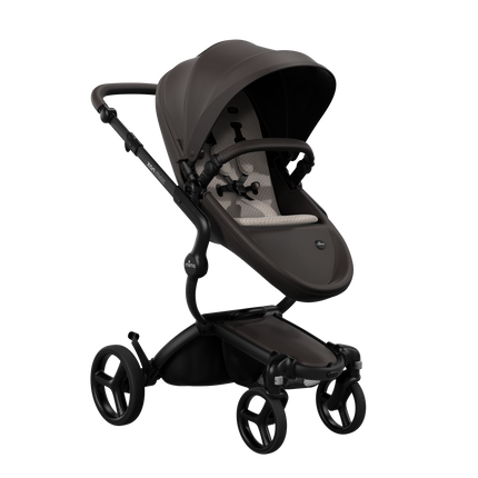 Mima XARI MAX stroller with a chocolate brown seat and sandy beige pad on a black chassis, featuring a sleek design.