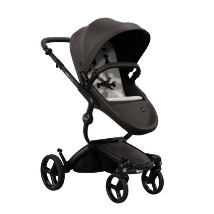 Mima XARI MAX stroller with a chocolate brown seat and white pad on a black chassis, featuring a sleek design.