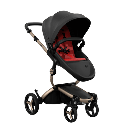 Mima XARI MAX stroller with a black seat and red pad on a champagne chassis, featuring a sleek design.