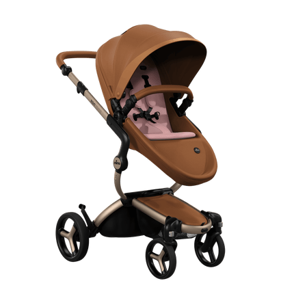 Mima XARI MAX stroller with a camel seat and pink pad on a champge chassis, featuring a sleek design.